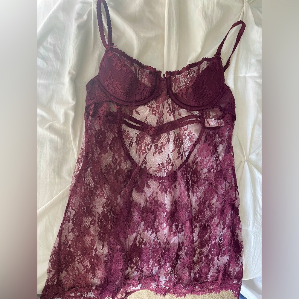 Vintage Victoria's Secret Burgundy lace babydoll lingerie top with built-in bra